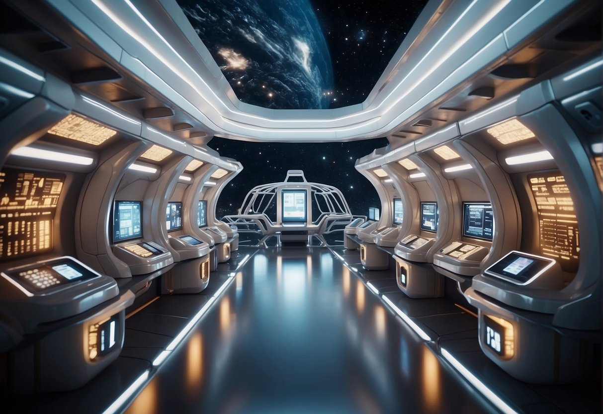 A bustling space station with futuristic architecture, where digital currency transactions are seamlessly integrated into everyday commerce and trade