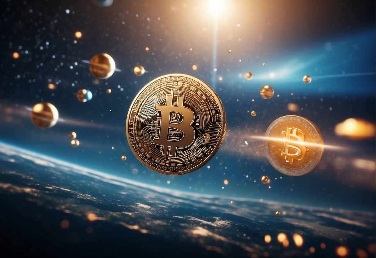 Cryptocurrencies and space economy merge in an illustration of futuristic technology and financial transactions. A rocket launches into space, surrounded by digital currency symbols and futuristic space stations