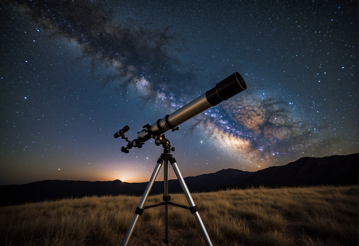 Astrophotography Techniques: A telescope pointed at the night sky, capturing the Milky Way and distant galaxies. A camera attached to the telescope, long exposure shot