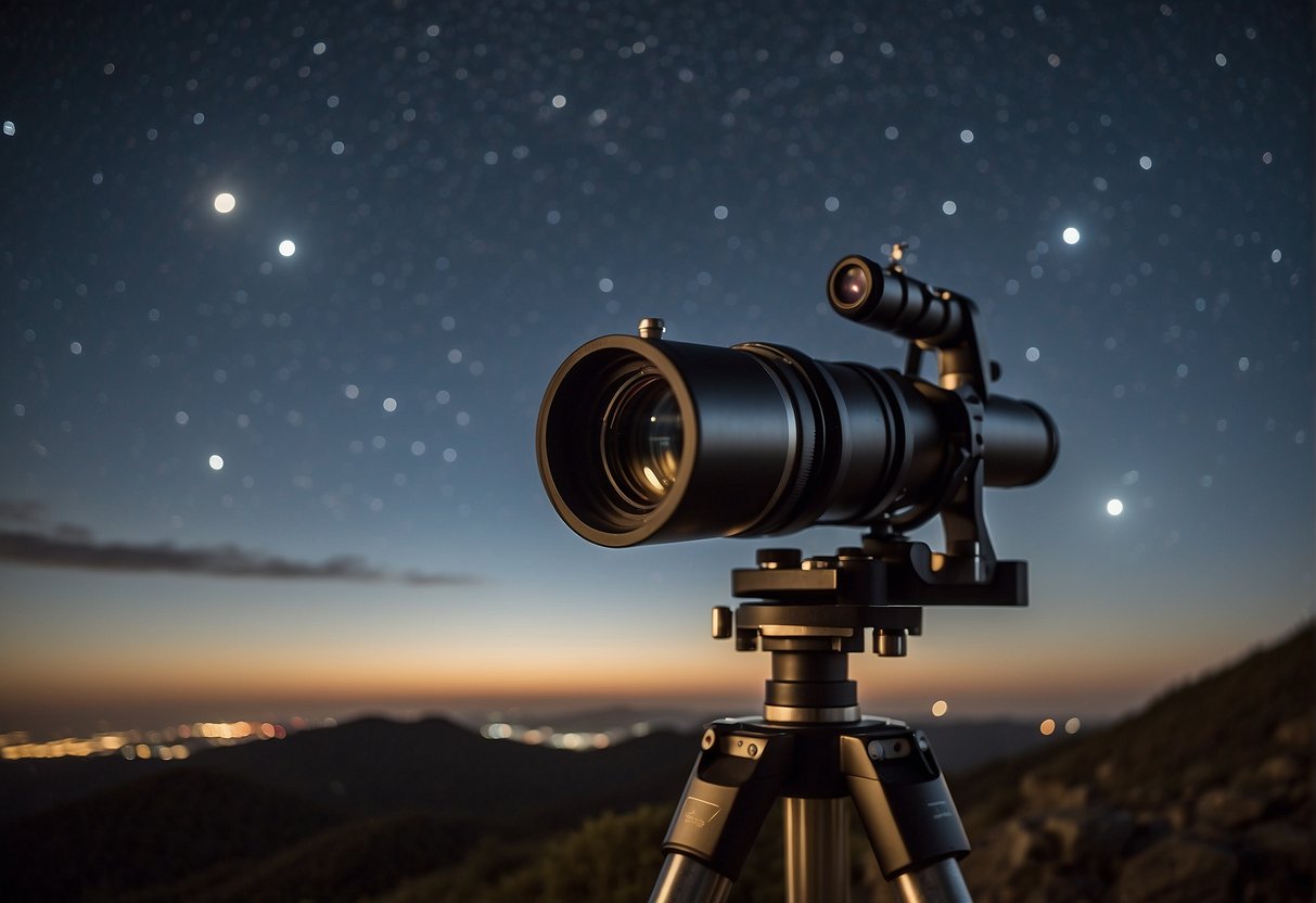 A telescope mounted on a sturdy tripod points towards the night sky. A camera with a wide-angle lens is attached to capture the celestial objects. A remote shutter release and a star tracker are also visible nearby