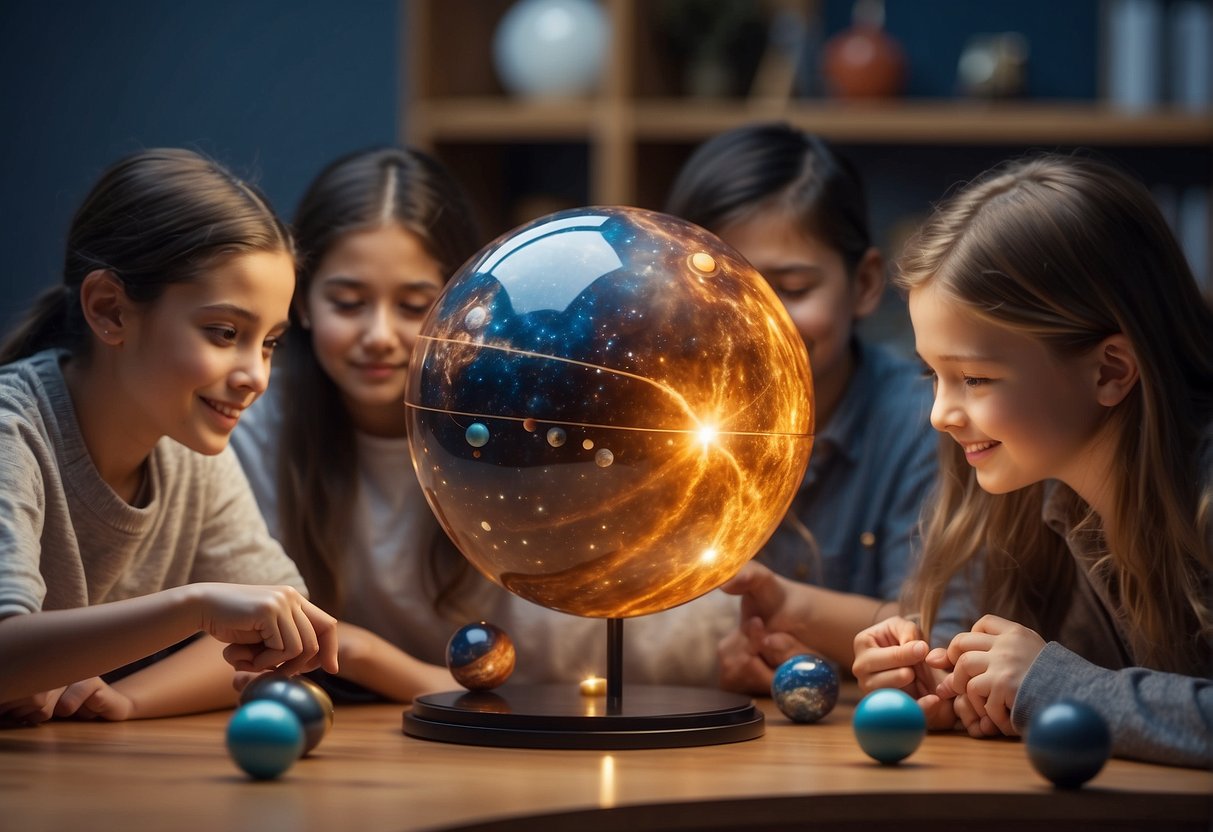 Space in Education: Students gather around a model of the solar system, with planets and moons suspended in mid-air, while a teacher explains the wonders of space exploration