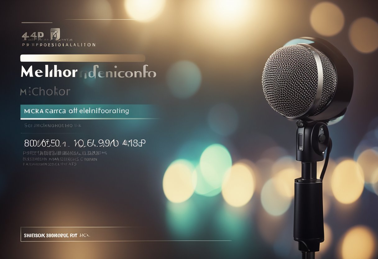 A microphone with "melhor marca de microfone" logo, set against a sleek, modern background with professional lighting
