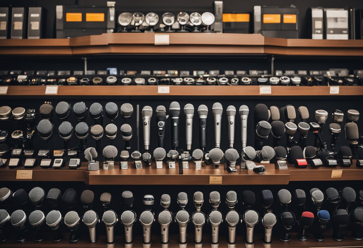 A collection of microphone brands displayed on a shelf, with logos and names clearly visible