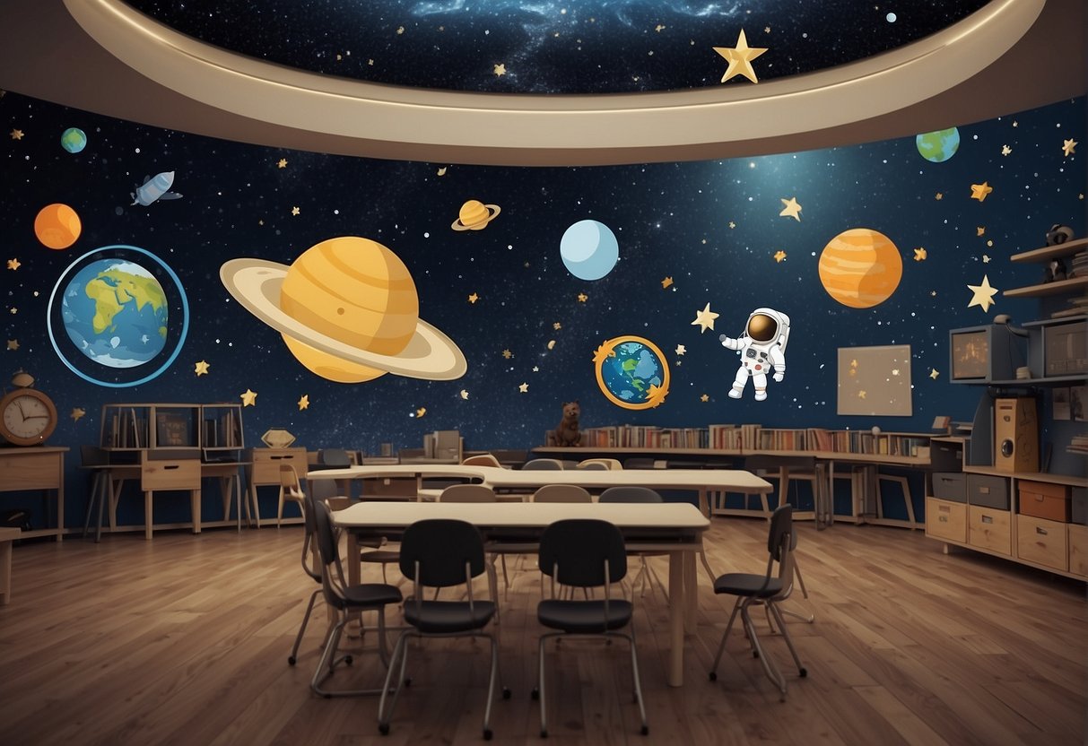 A classroom with space-themed posters, models, and books. A telescope points towards a starry sky mural on the ceiling. An astronaut suit hangs in the corner