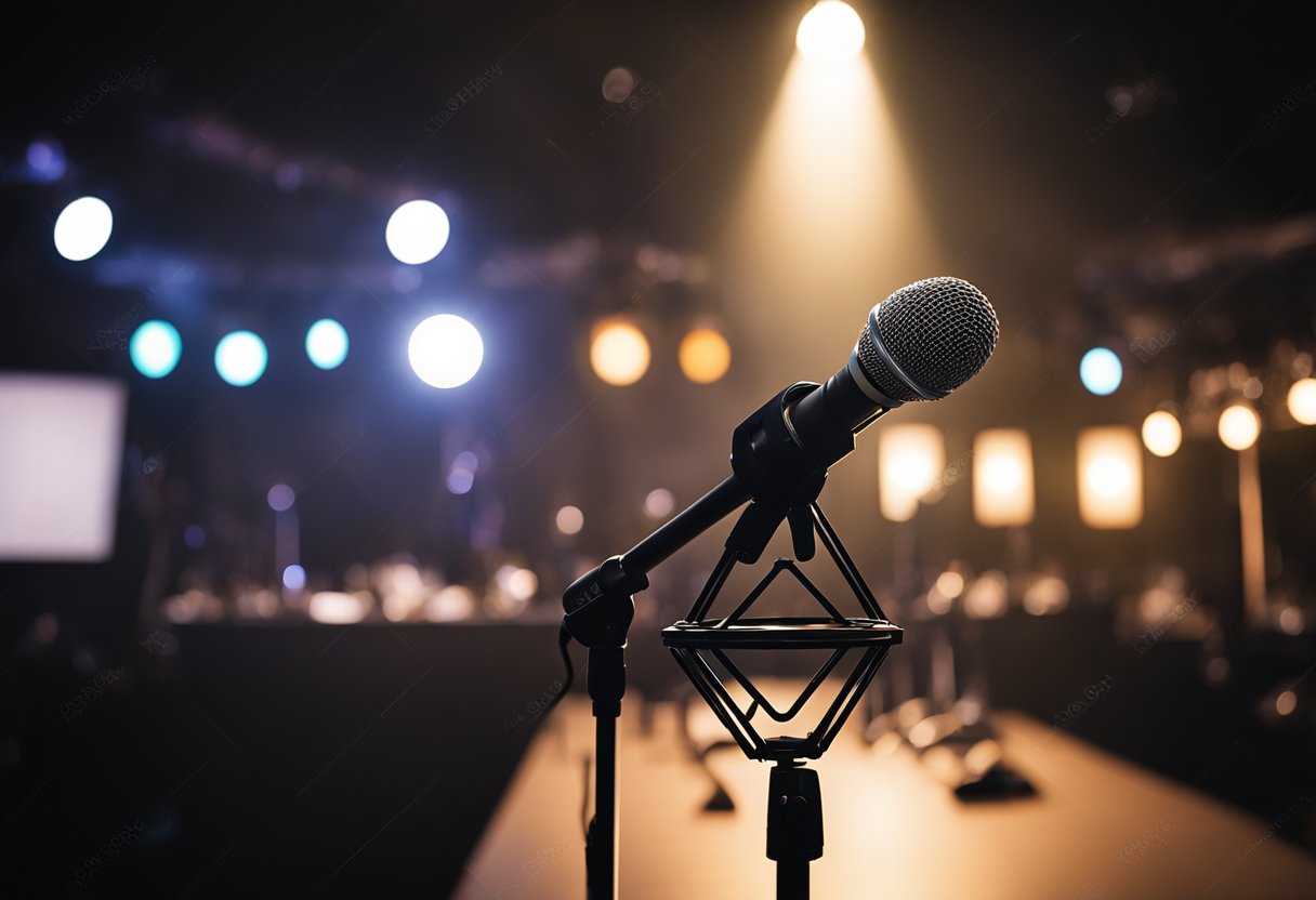 A microphone stands on a sleek black stand, surrounded by professional audio equipment. Bright stage lights illuminate the setup, creating a dramatic and professional atmosphere