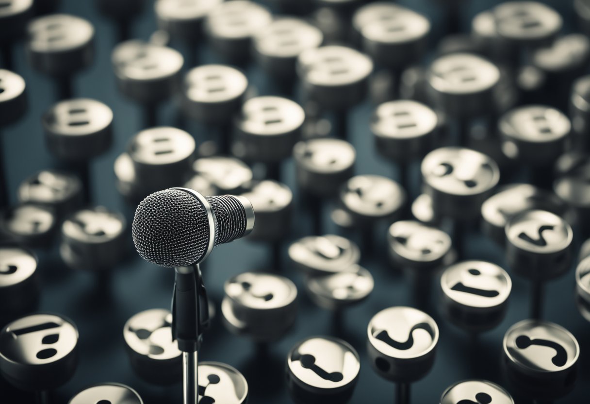 A microphone surrounded by question marks, representing the search for the best brand