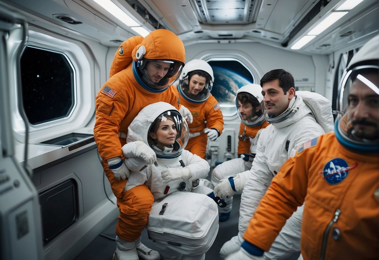 A space habitat with advanced technology, hydroponic gardens, and artificial gravity simulators. Astronauts in sleek, form-fitting suits conduct experiments in zero gravity