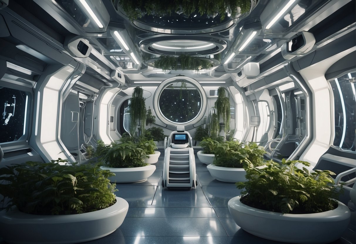 A futuristic space station with advanced life support systems and zero-gravity exercise equipment, surrounded by floating plants and medical research labs