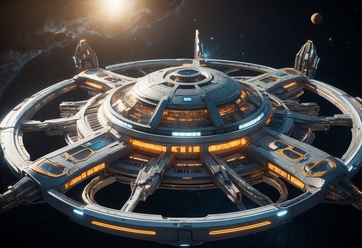 A futuristic space station with advanced technology and zero-gravity environment. Futuristic architecture and equipment for human adaptation to life in space