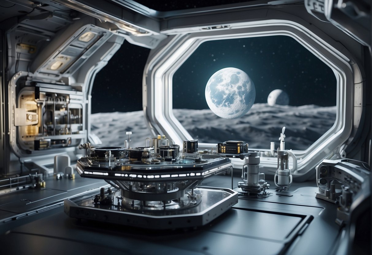 A space station with 3D printers constructing modular habitats on the moon's surface, surrounded by futuristic structures and equipment