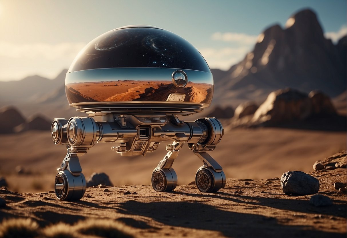 The scene shows futuristic spacecraft exploring distant planets, with advanced technology and alien landscapes