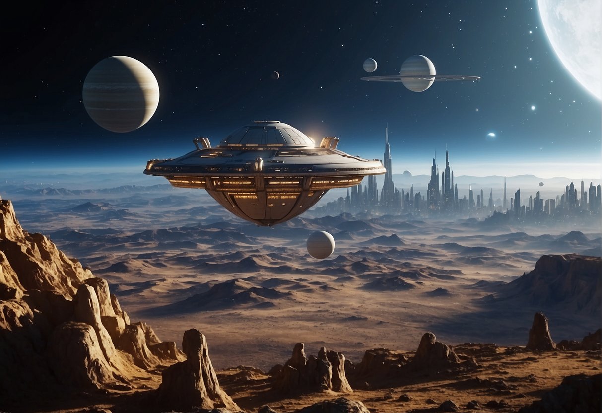 Spacecraft flying past planets, robots building colonies, and futuristic cities on distant planets, all depicted in a sci-fi setting