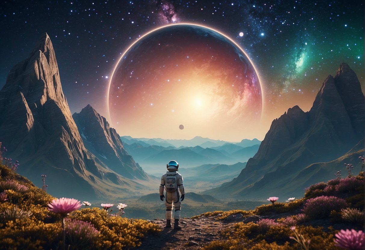 A spaceship hovers near a distant planet, surrounded by twinkling stars and swirling galaxies. In the foreground, a futuristic astronaut explores the alien landscape, with towering mountains and strange, colorful flora
