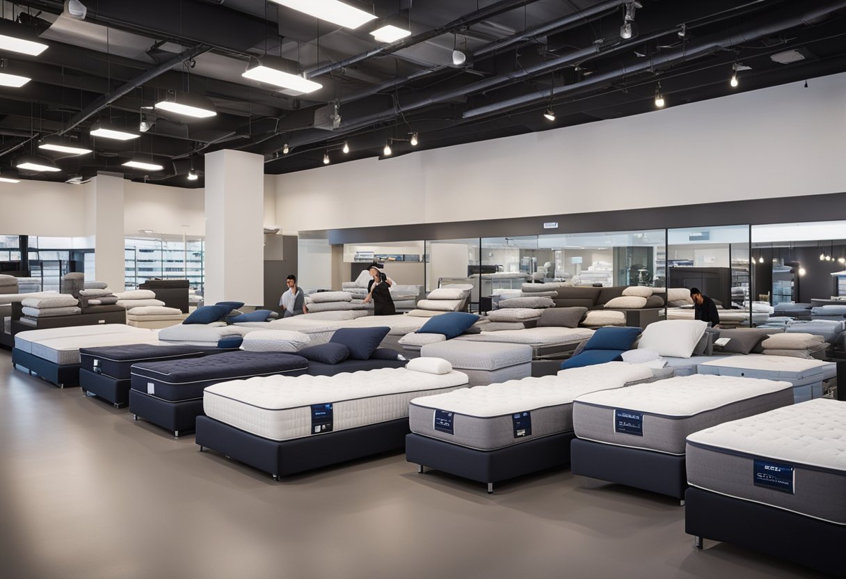 A bustling showroom with rows of mattresses in various sizes and styles. Brightly lit signs advertise discounts and special offers. Customers test out mattresses, while sales associates assist with inquiries
