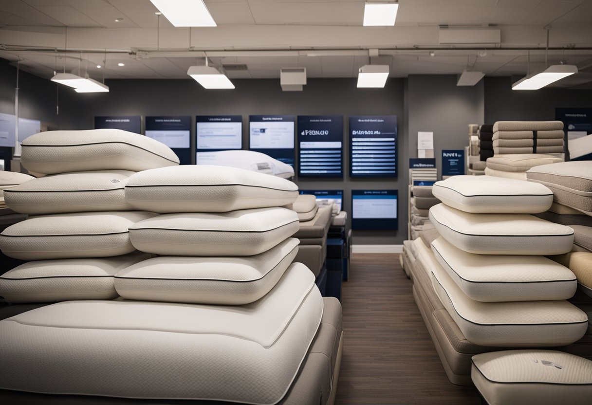 Various mattresses line the showroom floor, from memory foam to innerspring, at the best mattress store in New York. Display signs indicate different types and prices