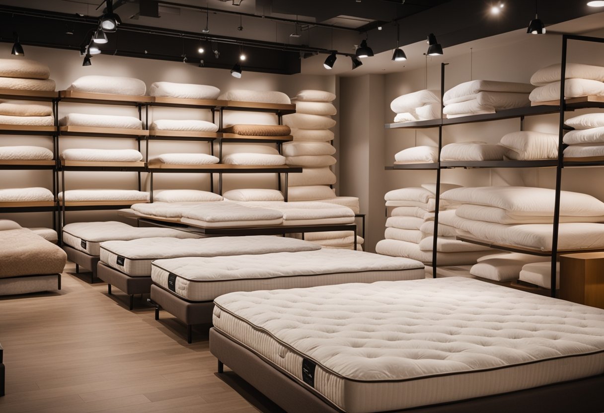 A cozy showroom filled with rows of plush mattresses, adorned with soft, inviting bedding. Bright lighting and a welcoming atmosphere make it the best place to buy mattresses in New York
