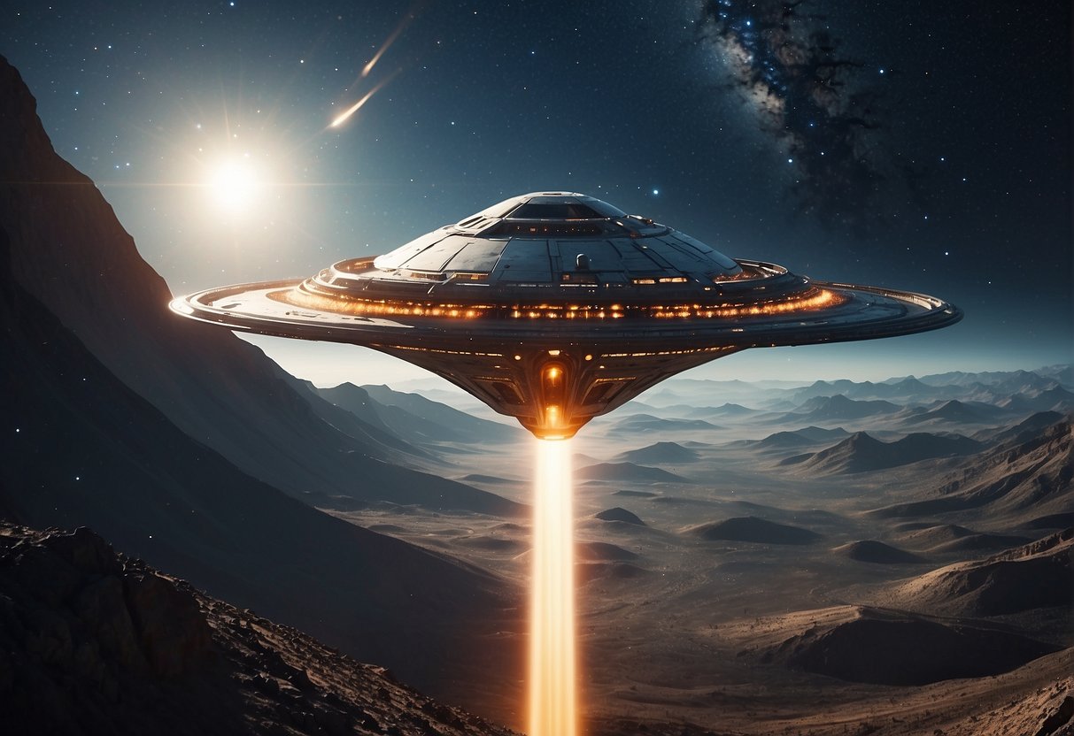 A futuristic spacecraft soaring through a vast, starry expanse, with a trail of cosmic dust behind it. A distant planet looms in the background, hinting at the next frontier of space exploration