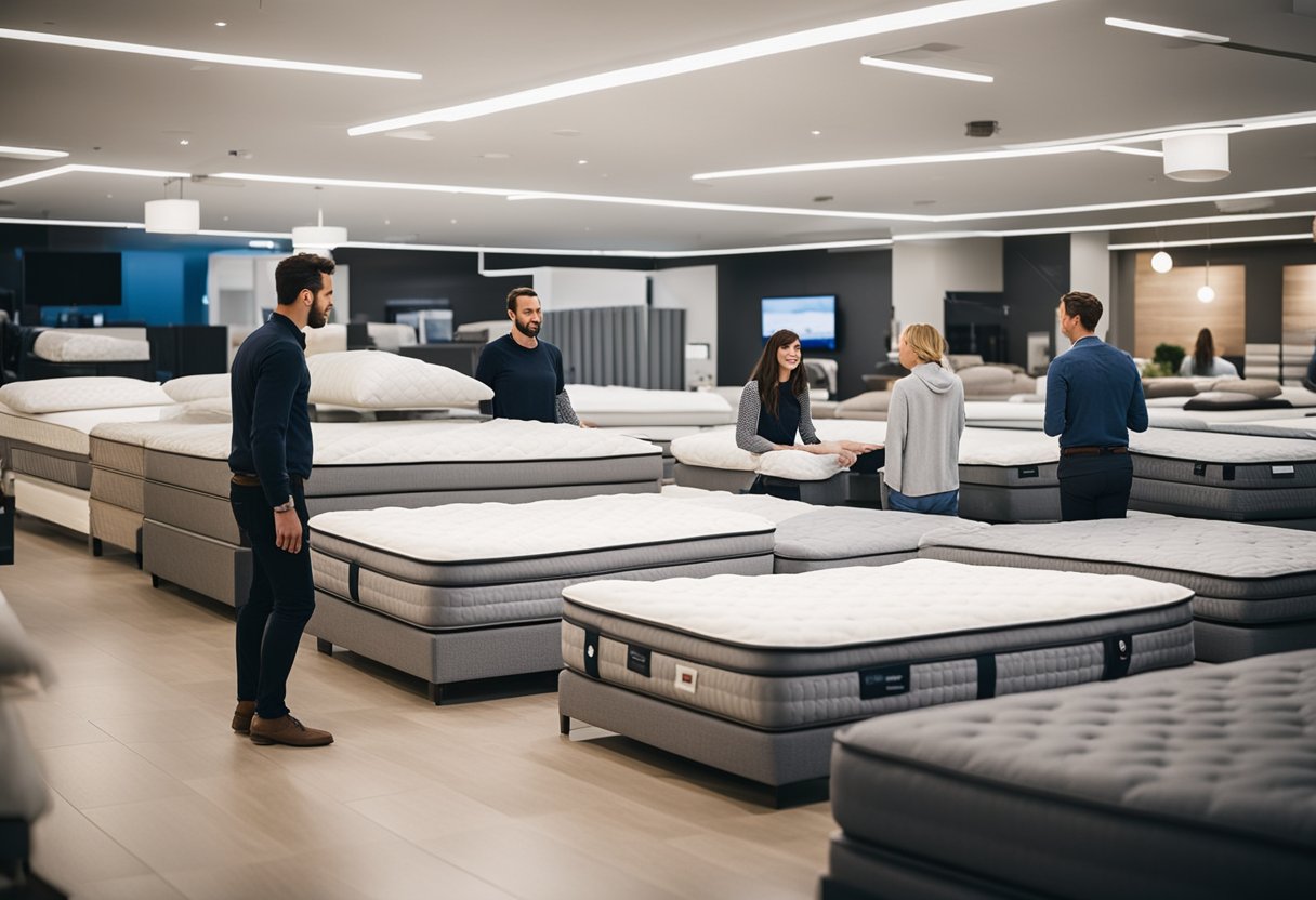 Customers browsing and testing mattresses in a spacious showroom with a variety of brands and styles on display. Bright lighting and helpful staff create a welcoming atmosphere
