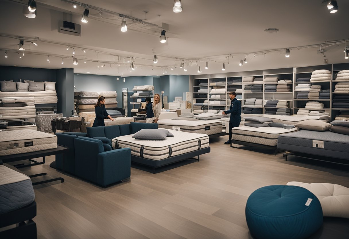 A cozy mattress store in New York with a friendly staff assisting customers and offering after-sale services. Displays of various mattress types and accessories are neatly arranged throughout the store
