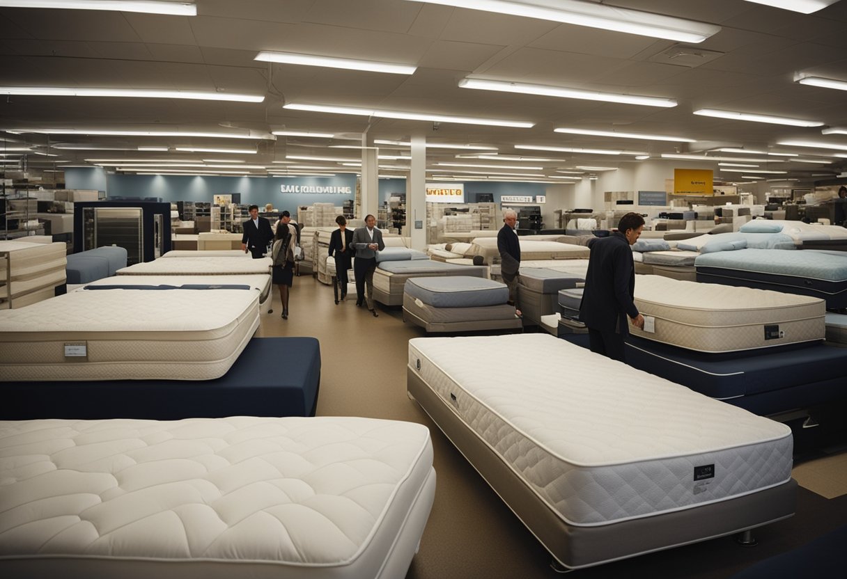 A bustling New York mattress store with customers browsing, salespeople assisting, and a large selection of mattresses on display