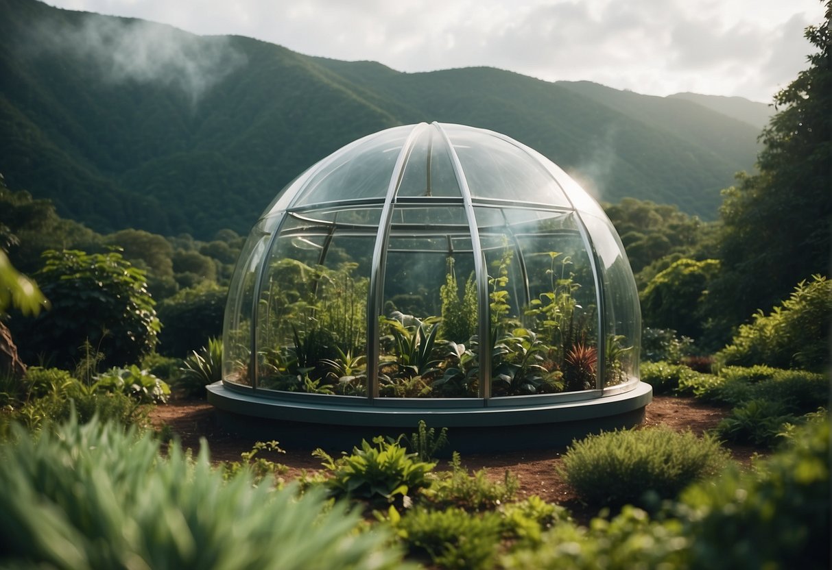 Astroecology A biodome on a distant planet, filled with lush greenery and exotic flora, encased in a protective shield to preserve the extraterrestrial environment for future generations