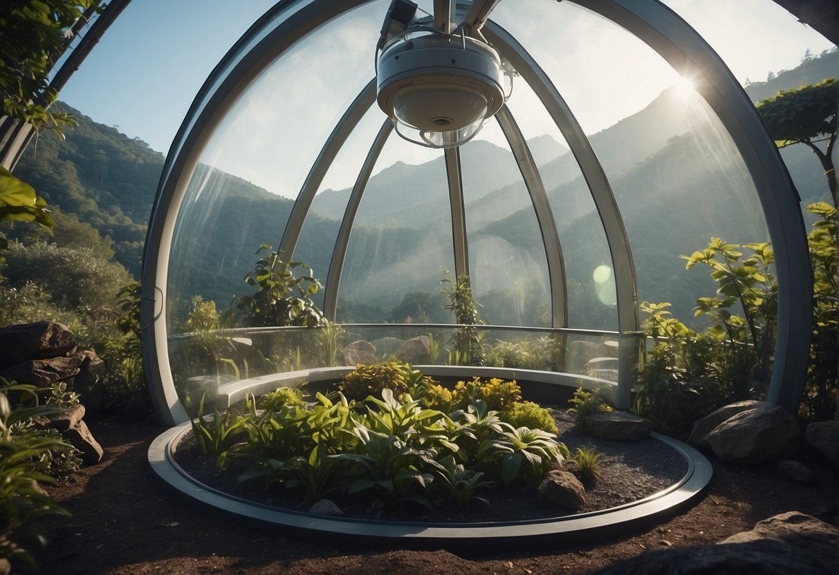 A biodome on a distant planet, filled with diverse flora and fauna, protected by a transparent shield against the harsh environment