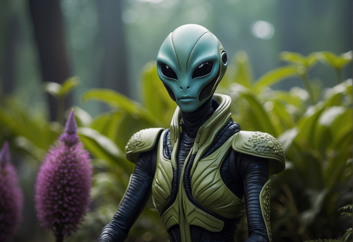 A diverse array of alien flora and fauna thrives in a vibrant extraterrestrial ecosystem, with unique adaptations for survival in their otherworldly environment