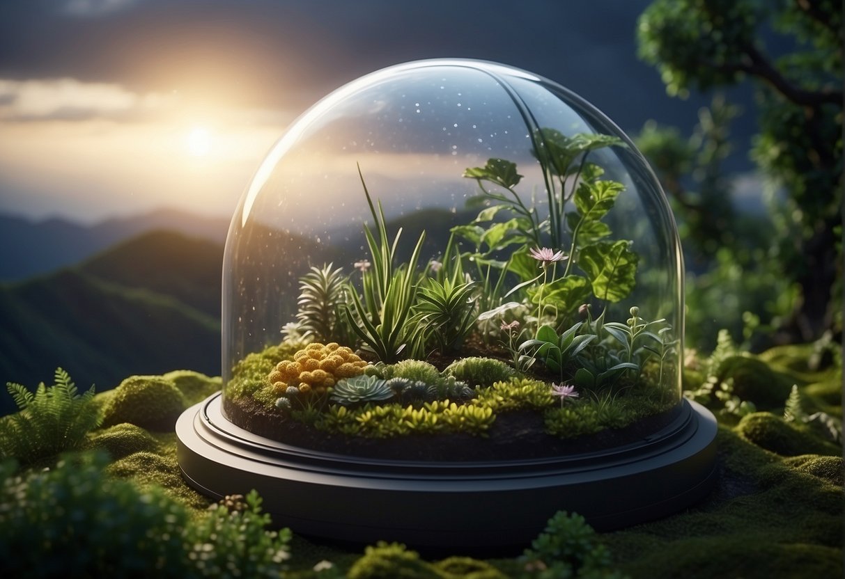 A lush alien planet with diverse flora and fauna, protected by a transparent dome. Scientists study the ecosystem, ensuring its preservation for future generations