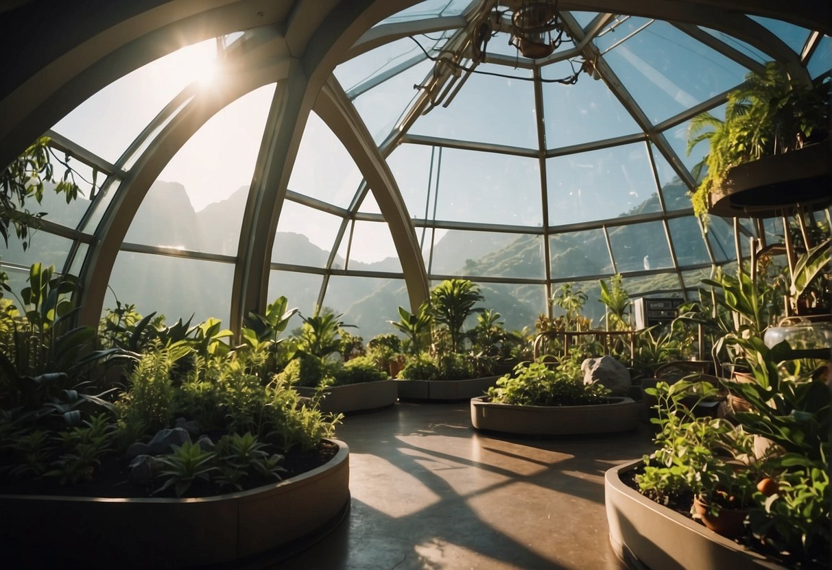 A biodome on a distant planet, with plants and creatures thriving under artificial sunlight and controlled climate. Scientists monitor and adjust conditions to mimic the extraterrestrial ecosystem
