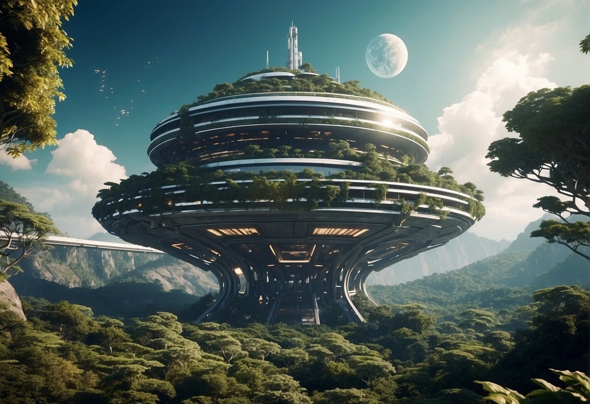 A futuristic space station overlooks a lush, biodiverse extraterrestrial landscape, with advanced technology and sustainable habitats blending seamlessly into the environment