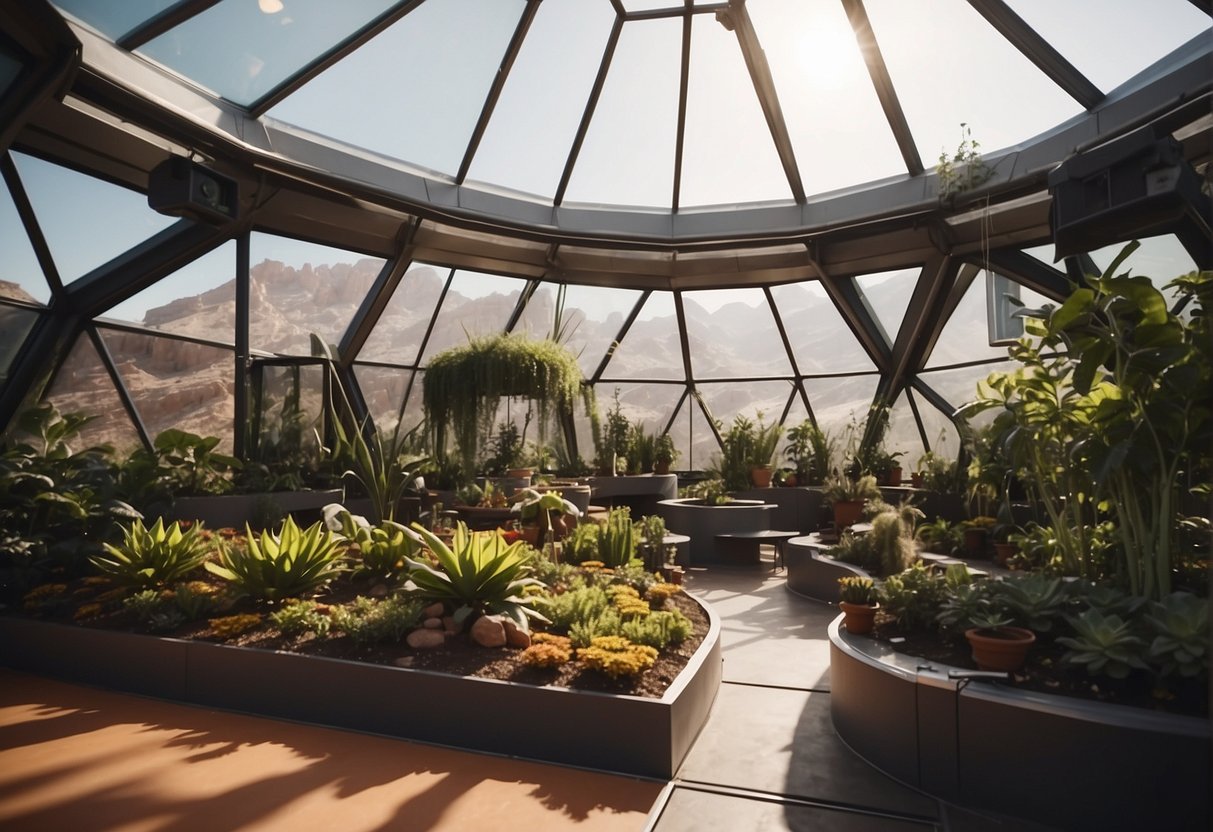 A biodome on Mars, with diverse plant life and controlled atmosphere, surrounded by futuristic technology and solar panels