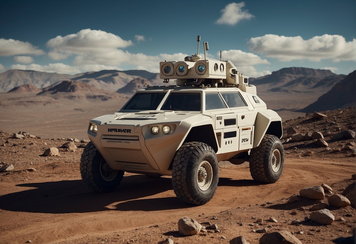 A lunar rover navigates rugged terrain, collecting samples and conducting experiments. Private investment logos adorn the vehicle, showcasing their crucial role in advancing lunar exploration