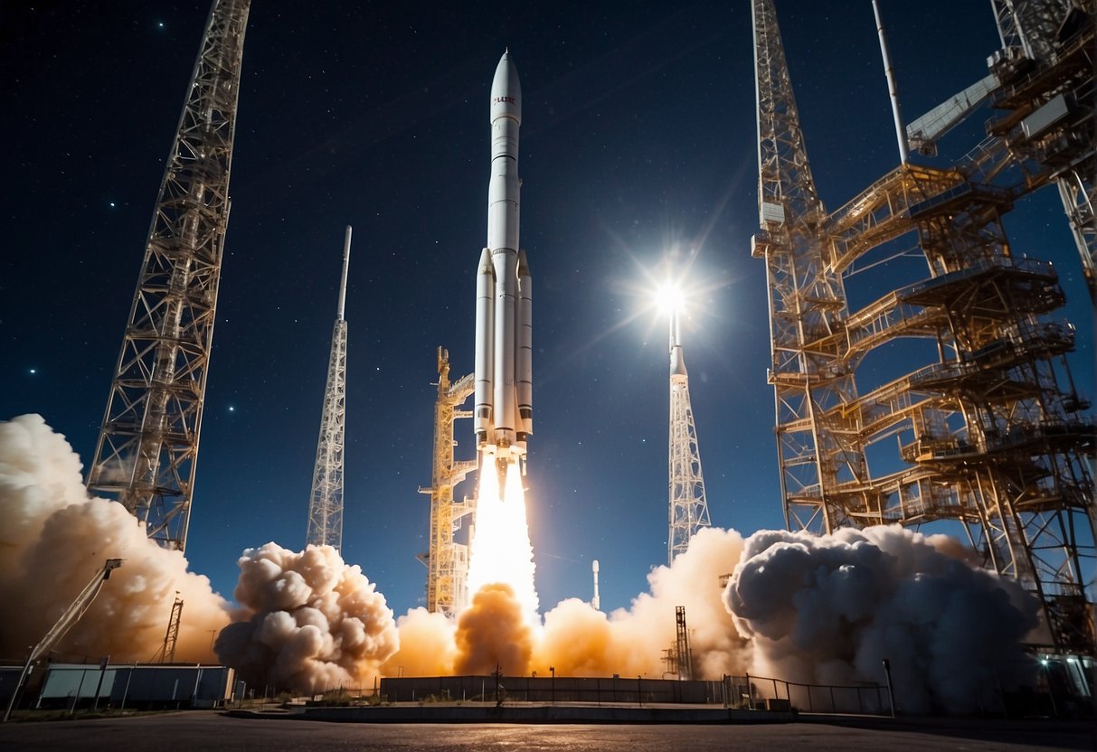 A rocket launches from Earth towards the moon, surrounded by a network of communication satellites and space infrastructure