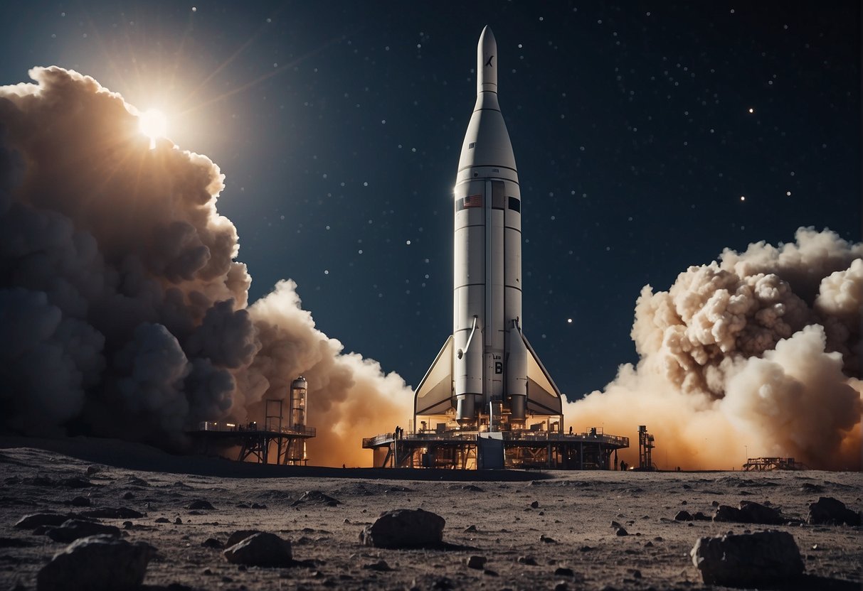 A rocket launches from a lunar base, surrounded by advanced technology and infrastructure. Private investors look on, eager to advance lunar exploration