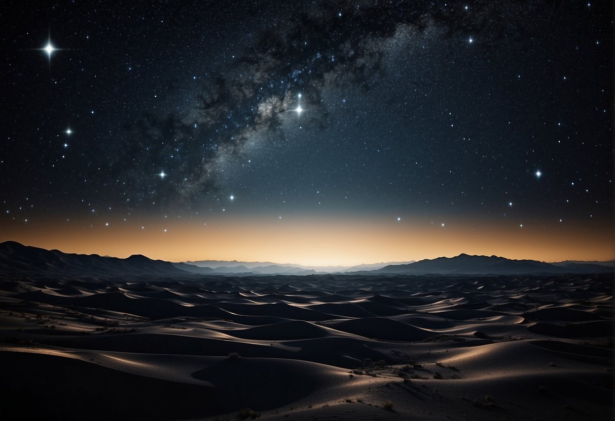A vast, empty expanse of space, with stars scattered across the black canvas. A deafening silence envelops the scene, creating a sense of awe and wonder at the boundless cosmos