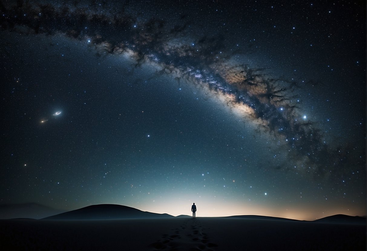 In a vast, empty expanse, sound waves travel through the vacuum of space, creating a sense of silence and solitude. Twinkling stars and distant galaxies provide a backdrop for the mysterious auditory experience of the cosmos