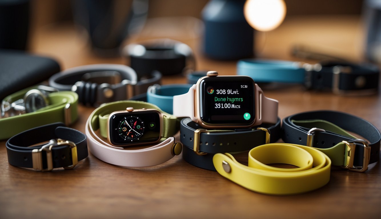 A woman's Apple Watch sits on a table surrounded by various sizes of watch bands, as she carefully measures her wrist with a flexible tape measure