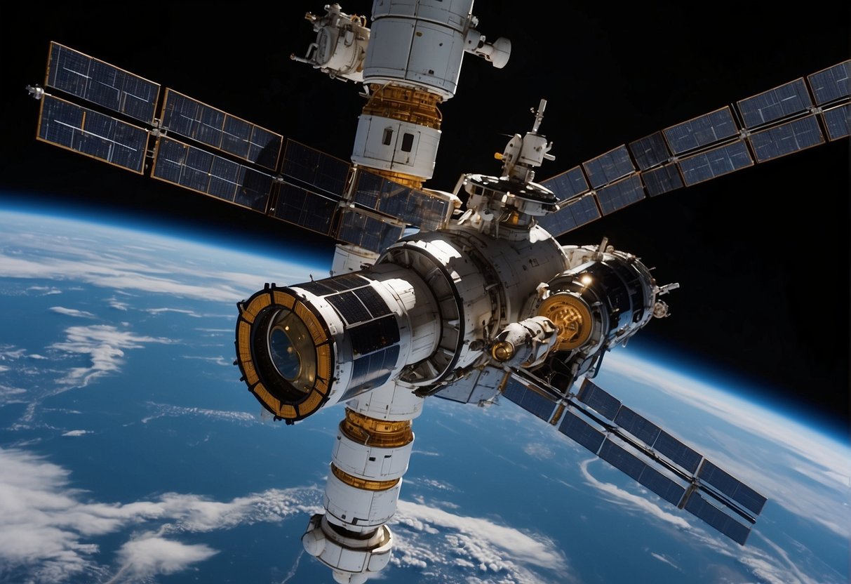 A modern spacecraft docks with an international space station, while futuristic technology is being installed for future missions