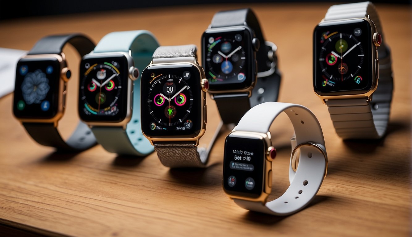 Various Apple Watch models and sizes laid out with corresponding bands. Clear labels indicate compatibility for women's wrist sizes