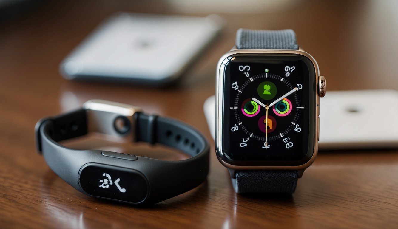 An Apple watch and a Magic Band next to each other on a table, with a question mark above them
