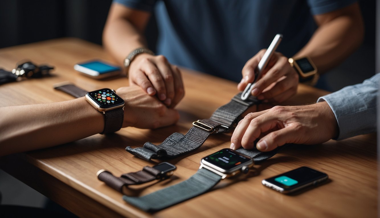A table with various apple watch bands in different materials and sizes, a ruler measuring the bands, and a person comparing the bands to their wrist for sizing