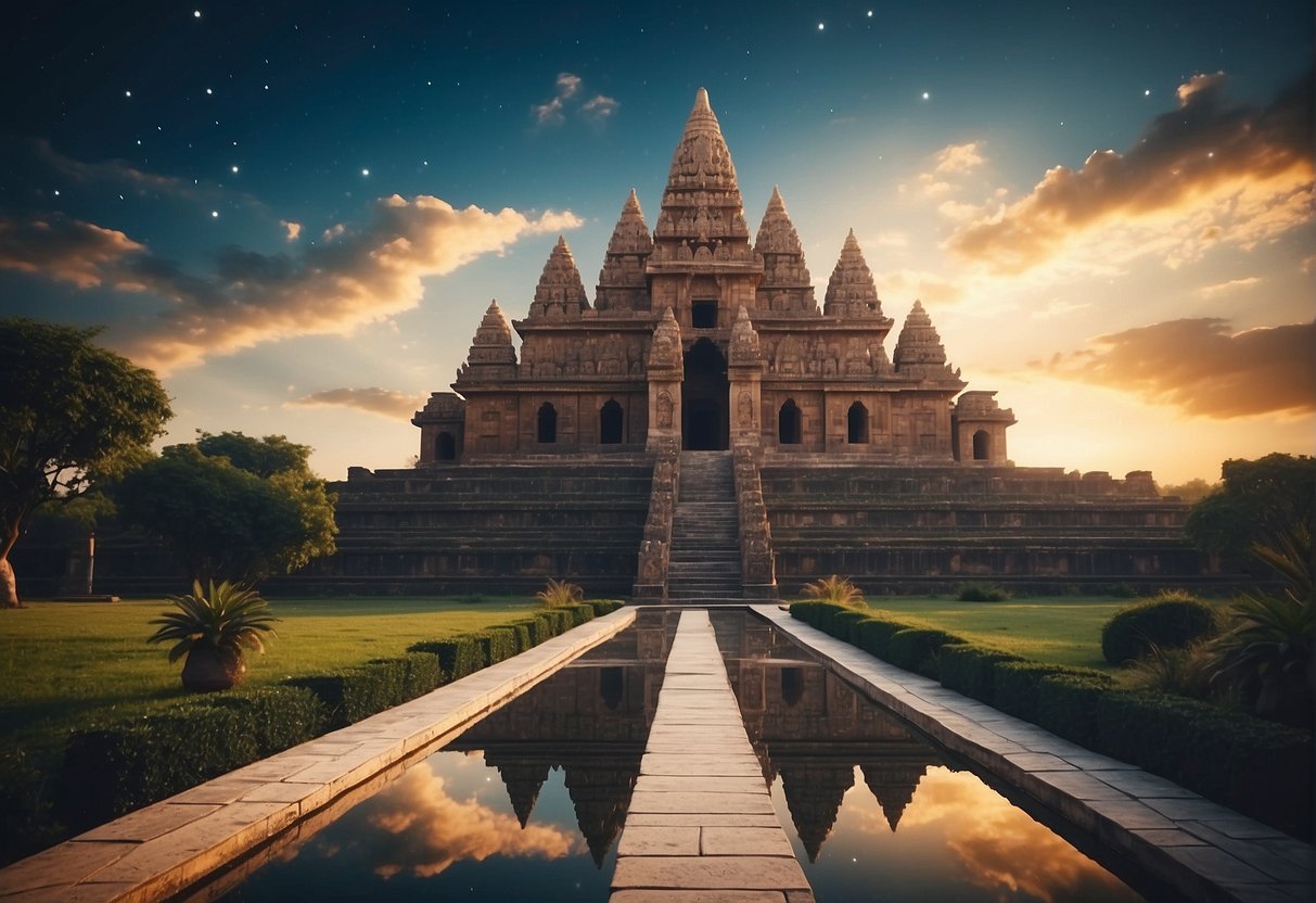 Ancient structures align with celestial bodies, reflecting cosmic myths and beliefs. A grand temple with intricate carvings stands beneath a star-filled sky