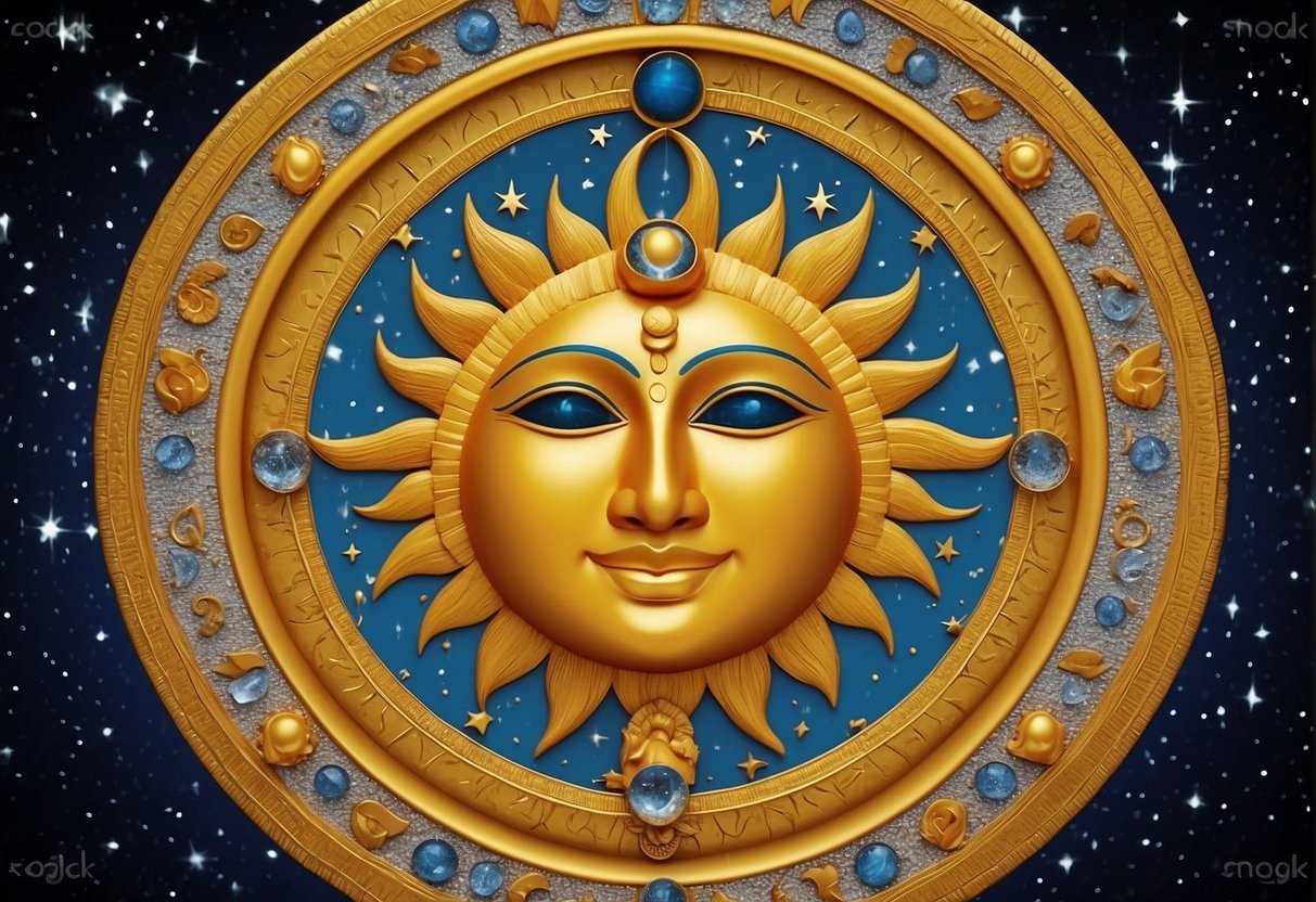 Ancient symbols of sun, moon, and stars surround a central deity figure, representing early cosmological beliefs