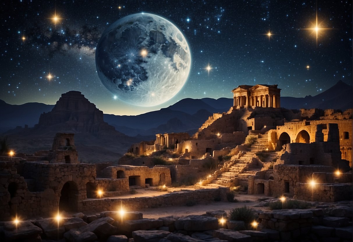 A night sky filled with twinkling stars, surrounded by ancient ruins and symbols of different cultures, reflecting their unique interpretations of the cosmos