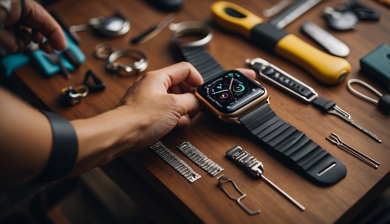 A hand holding an Apple watch band, carefully adding finishing touches with a small tool. A table is cluttered with various tools and materials for crafting