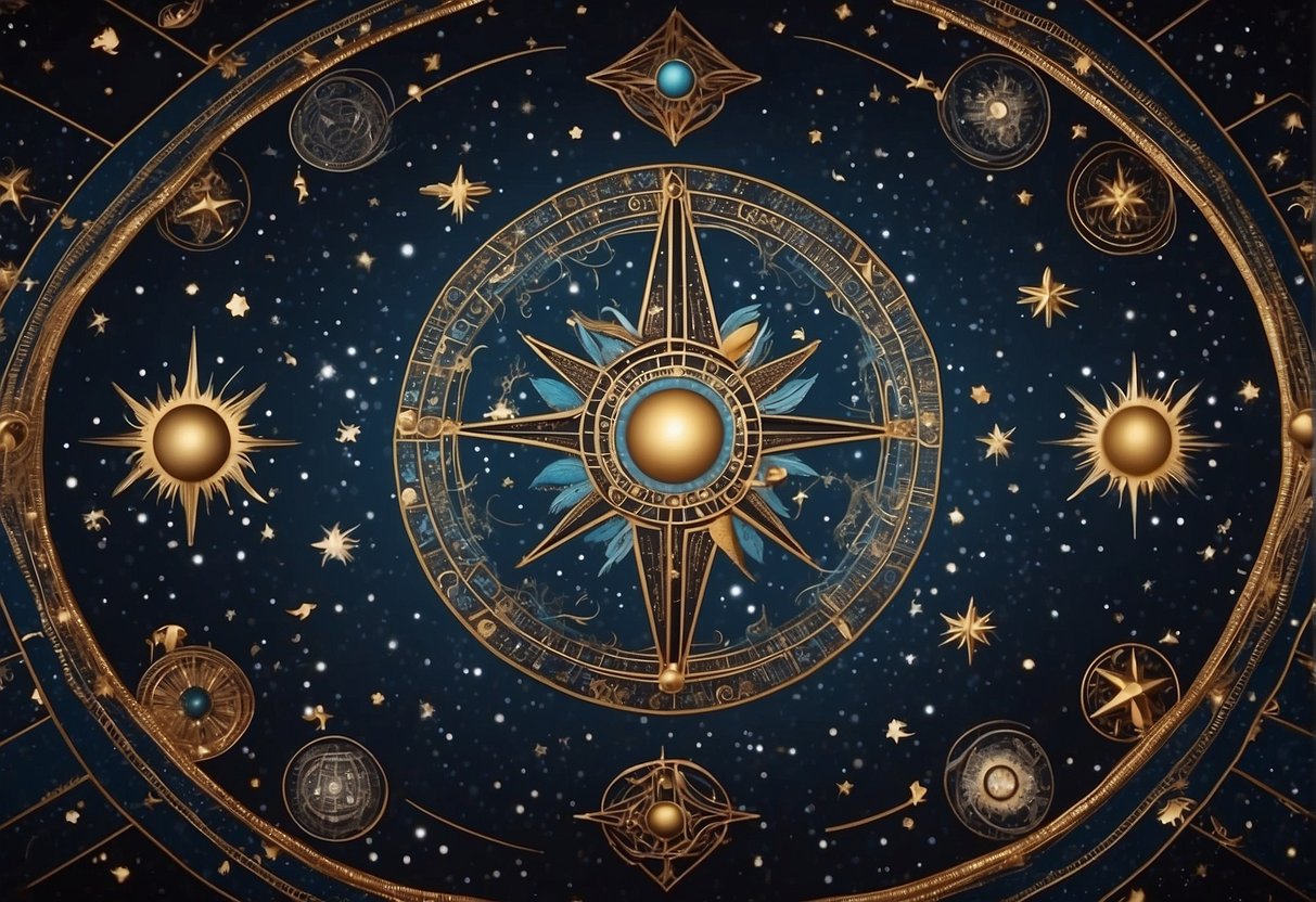Ancient symbols of stars and constellations fill the night sky, surrounded by intricate depictions of cosmic myths and legends