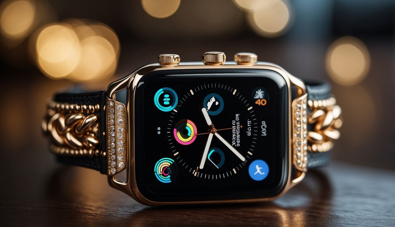 An elegant apple watch adorned with luxurious straps and polished metal accents, surrounded by upscale jewelry and stylish accessories
