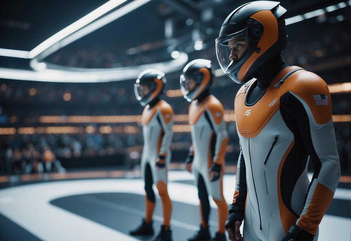 Athletes in sleek, aerodynamic suits soar through a futuristic arena, engaging in zero-gravity sports like floating soccer and acrobatic races. High-tech equipment and holographic scoreboards add to the immersive experience