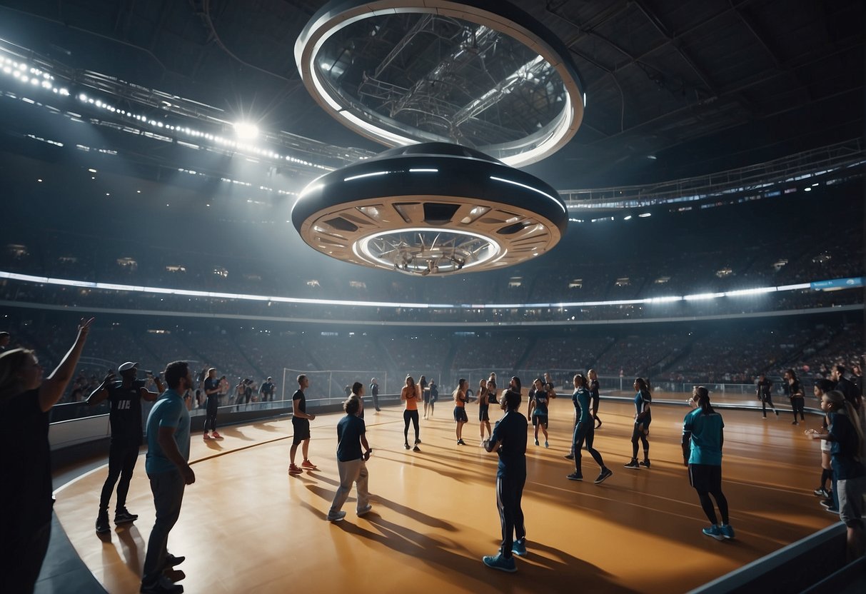 Athletes soar through a futuristic arena, competing in zero-gravity sports like basketball and soccer. Spectators watch from floating platforms, surrounded by advanced technology and sleek, metallic architecture