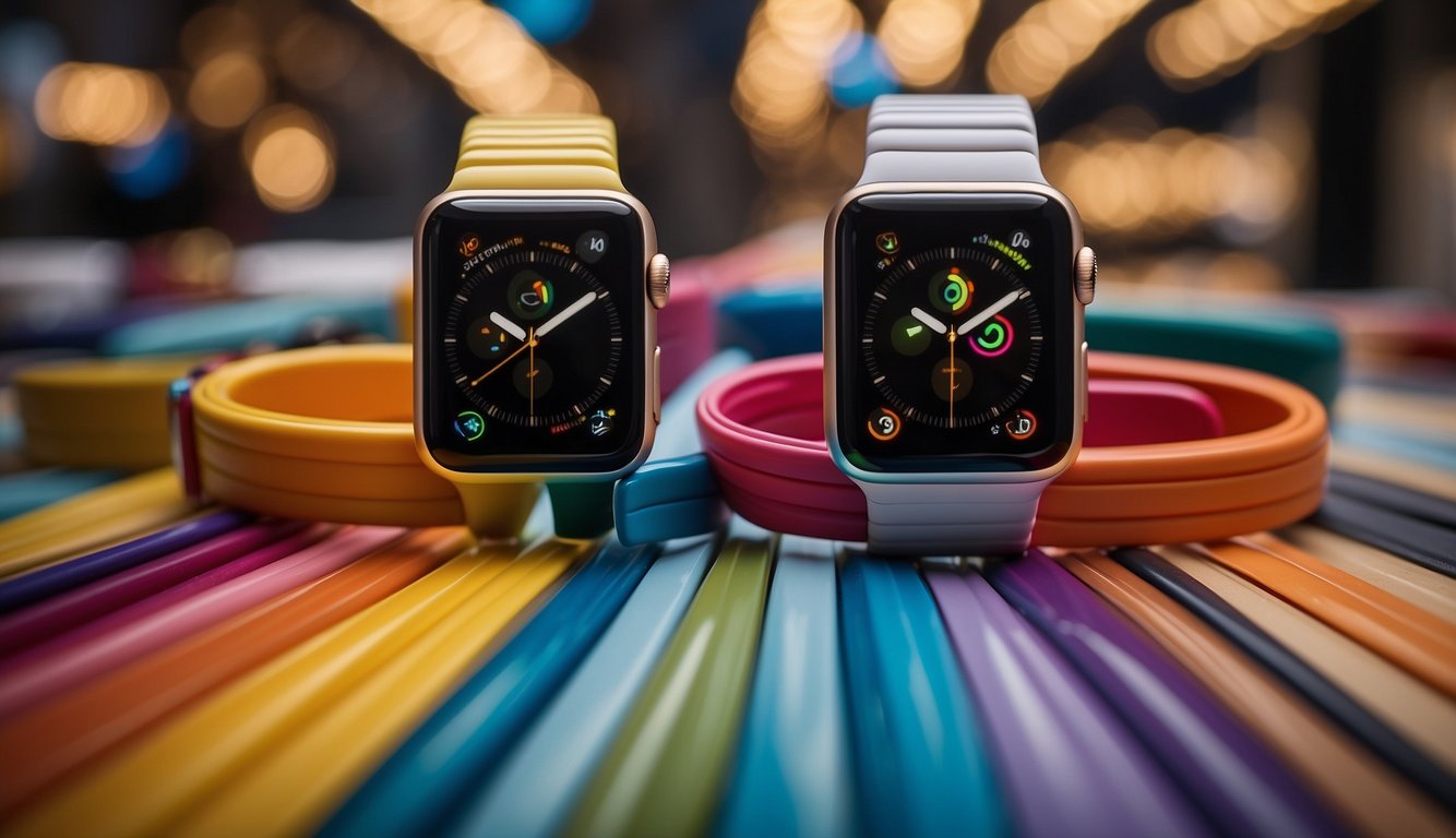 A sleek Starlight Apple Watch sits on a display, surrounded by an array of colorful bands in various materials and styles